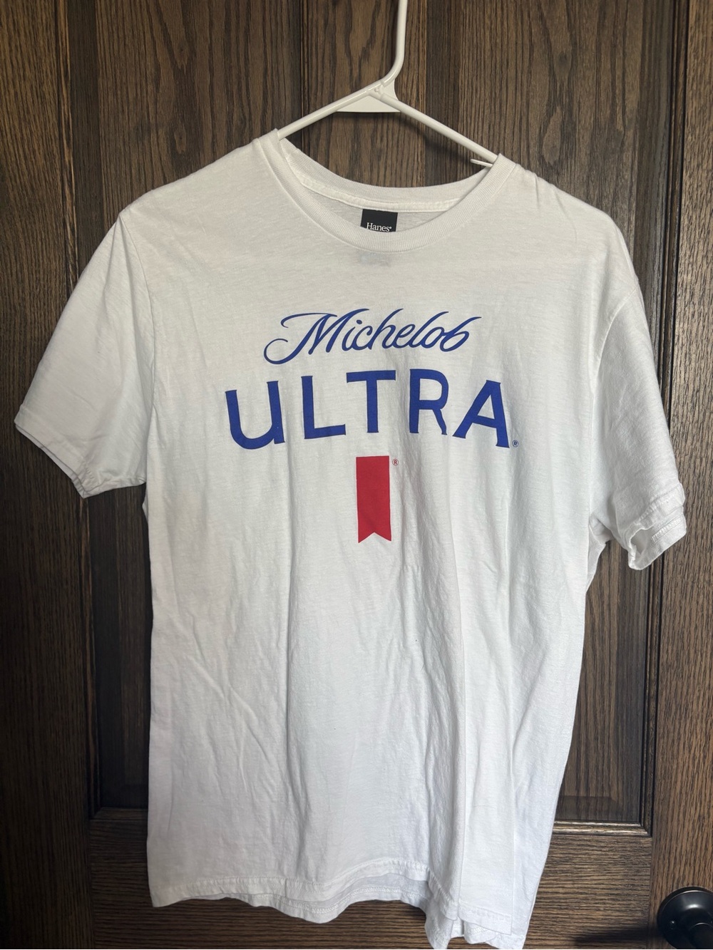 Hanes White Michelob Ultra Logo Tee with Blue and Red Print